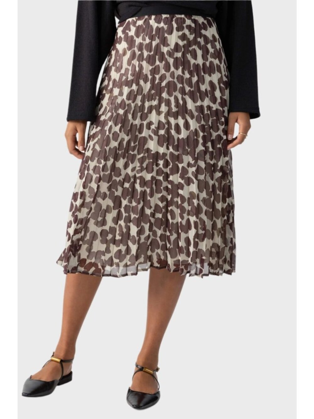 Sanctuary Pleated Midi Skirt Chocolate Spots Size S Elastic Waist Lightweight